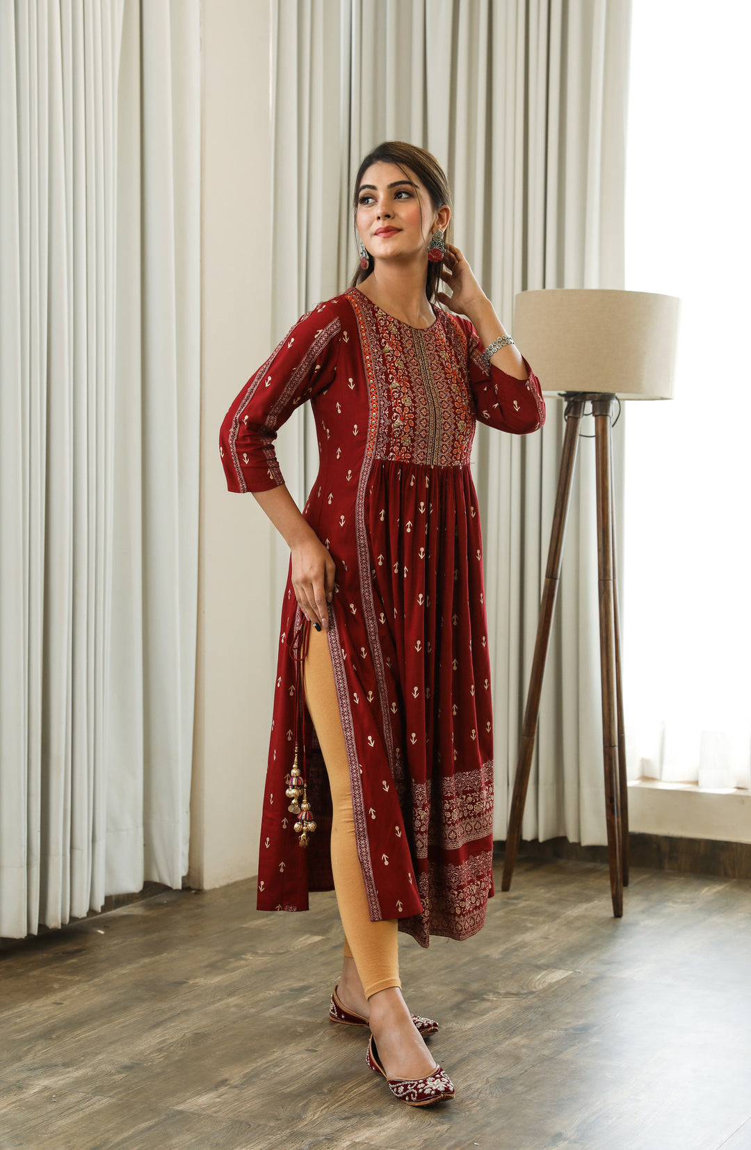 Women Maroon Rayon Slub Nyara Cut A-Line Kurta