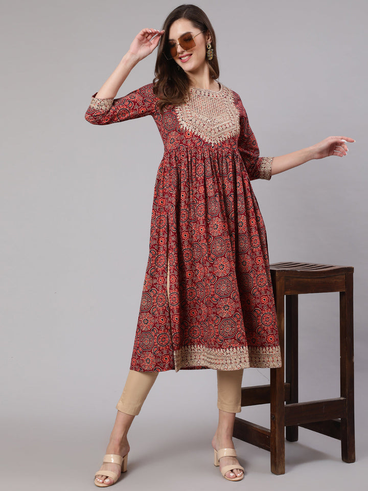 Women Rust Cotton Nyara Cut A-Line Kurta