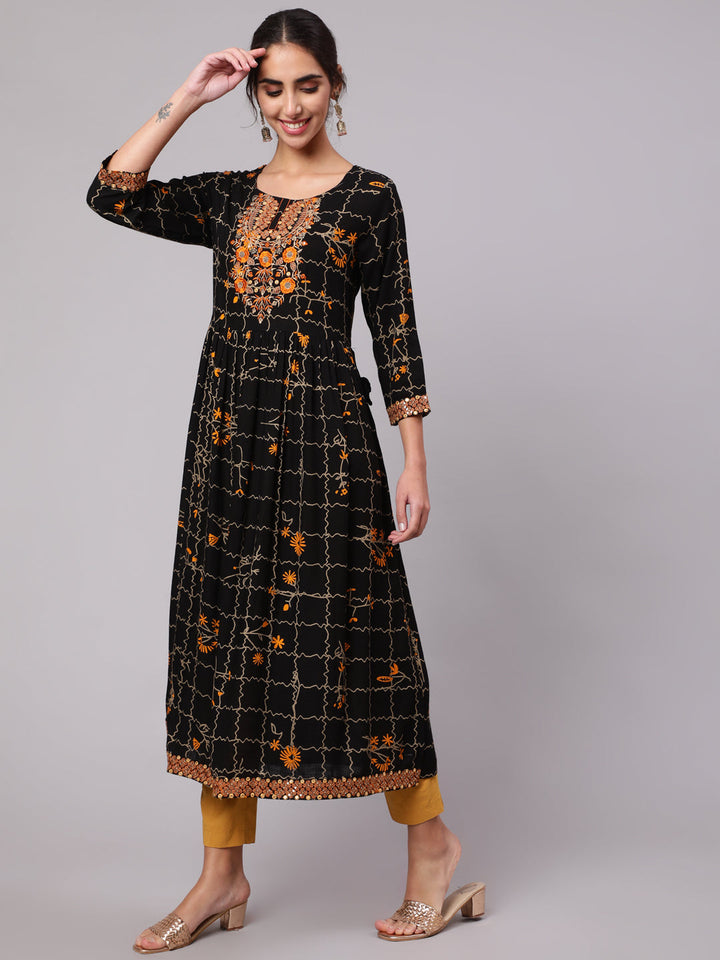 Women Black Rayon Slub Nyara Cut A-Line Kurta