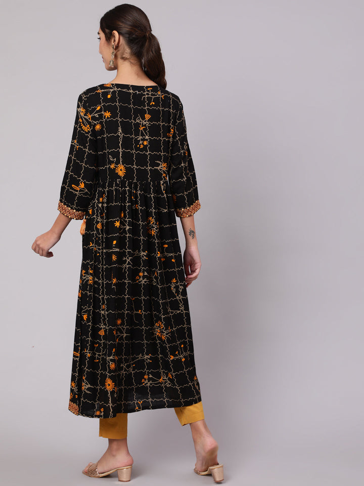 Women Black Rayon Slub Nyara Cut A-Line Kurta