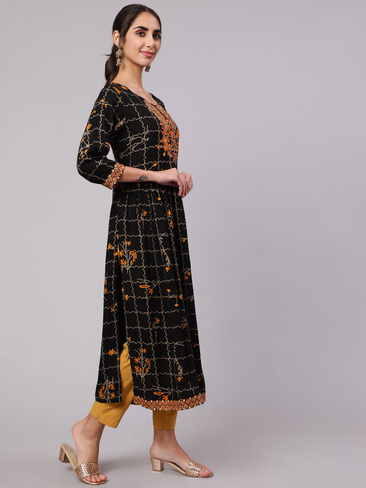Women Black Rayon Slub Nyara Cut A-Line Kurta