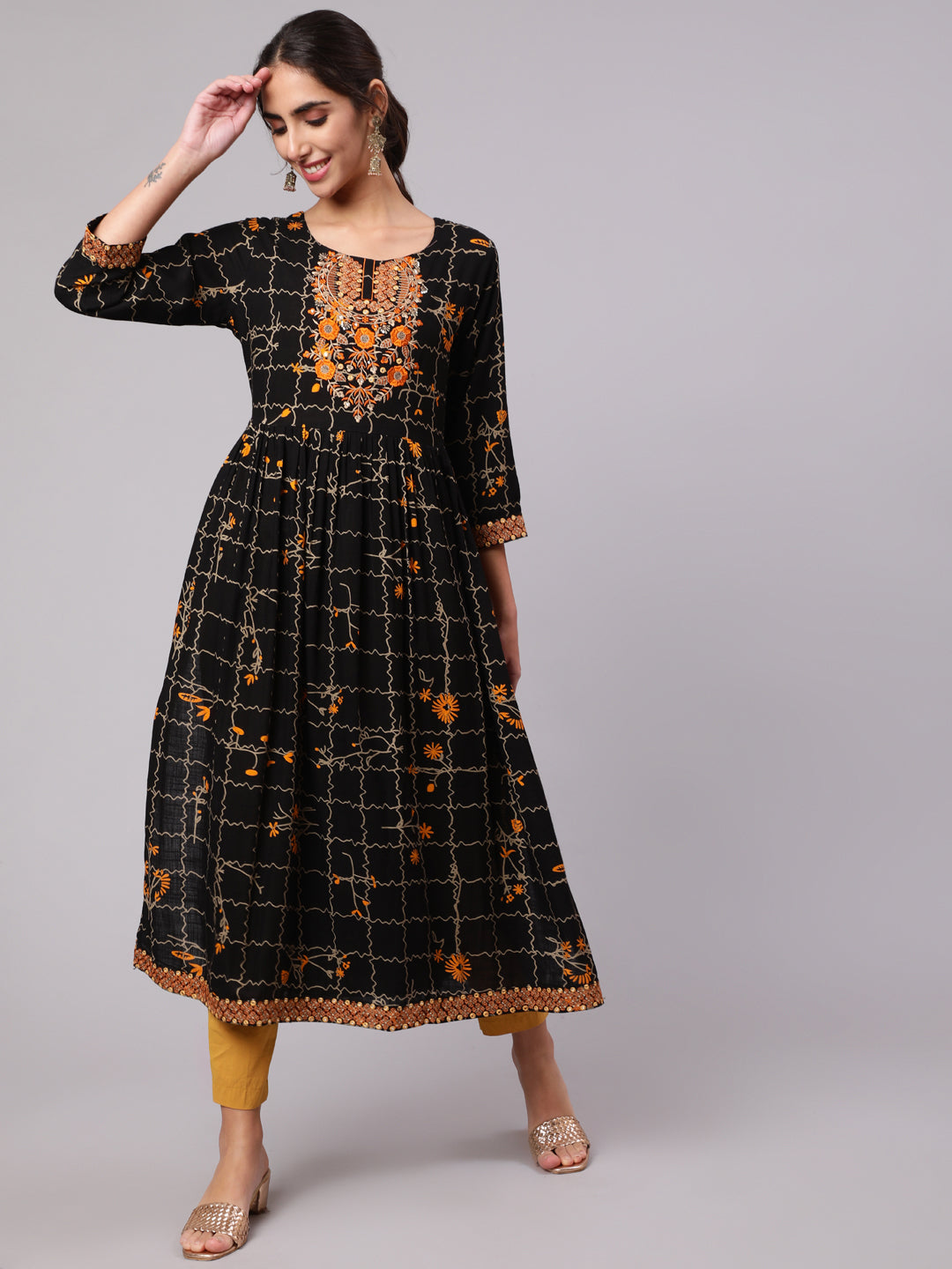 Women Black Rayon Slub Nyara Cut A-Line Kurta