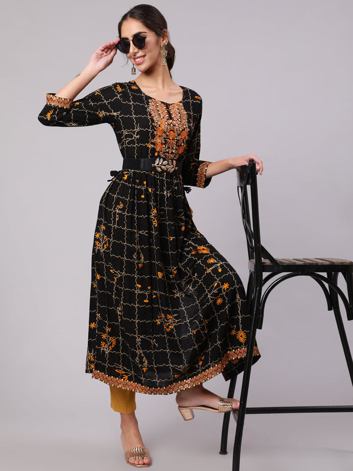 Women Black Rayon Slub Nyara Cut A-Line Kurta