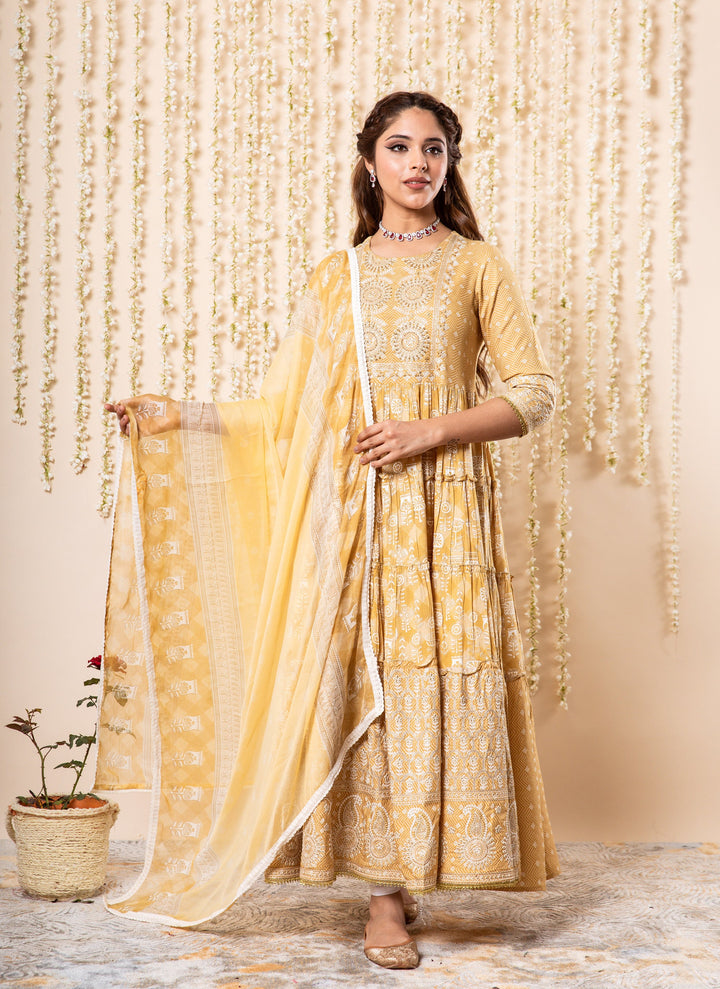 Lehza Women's Mustard Color Rayon Tiered Kurta With Dupatta Set