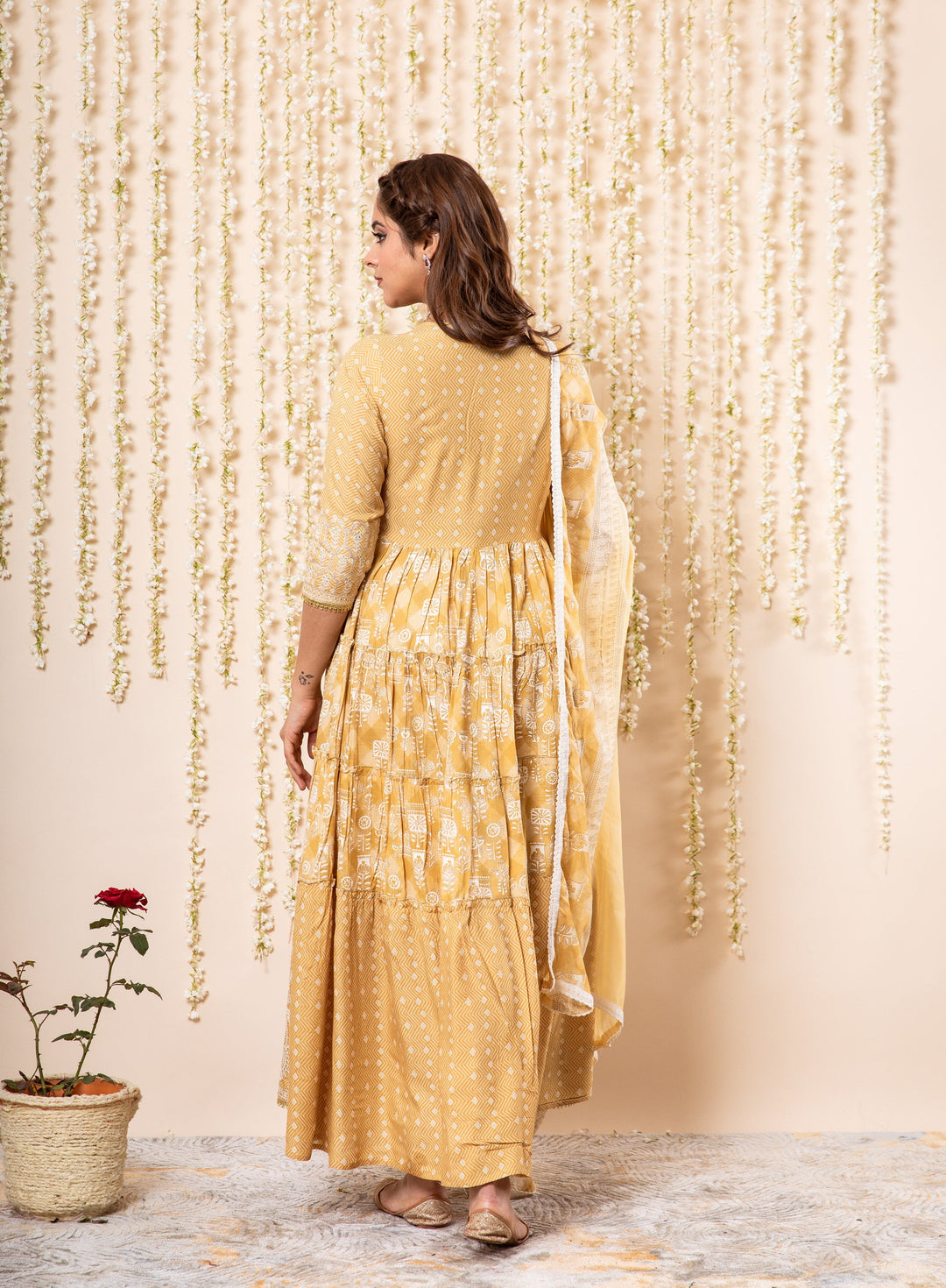 Lehza Women's Mustard Color Rayon Tiered Kurta With Dupatta Set