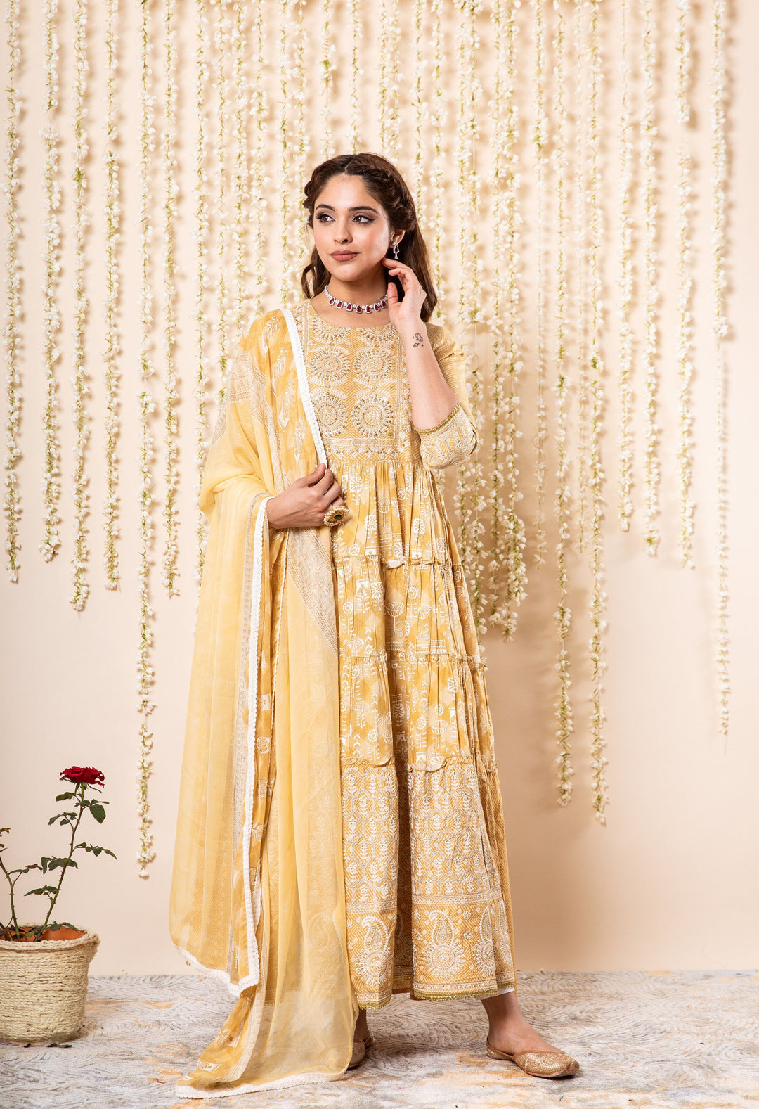 Lehza Women's Mustard Color Rayon Tiered Kurta With Dupatta Set