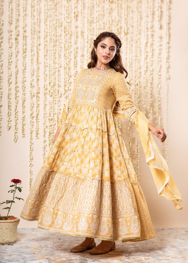 Lehza Women's Mustard Color Rayon Tiered Kurta With Dupatta Set