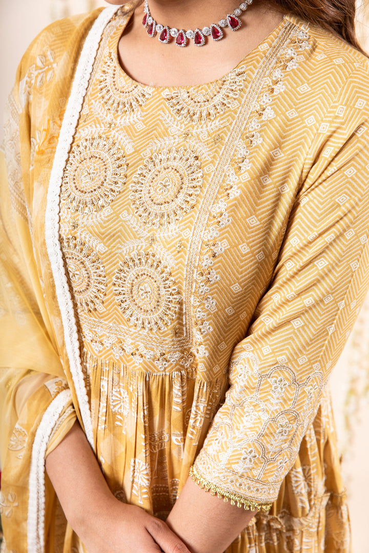 Lehza Women's Mustard Color Rayon Tiered Kurta With Dupatta Set