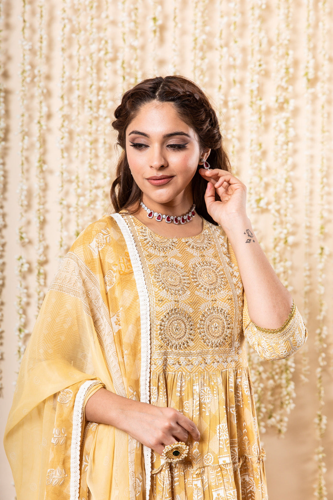 Lehza Women's Mustard Color Rayon Tiered Kurta With Dupatta Set