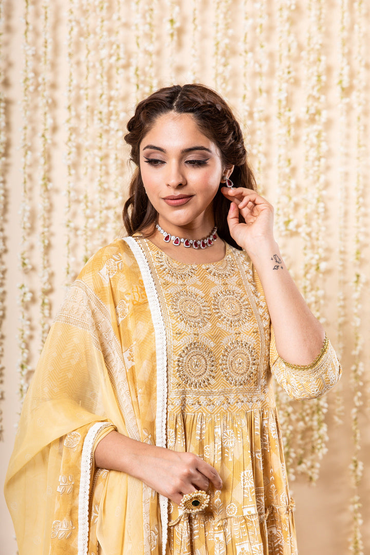 Lehza Women's Mustard Color Rayon Tiered Kurta With Dupatta Set