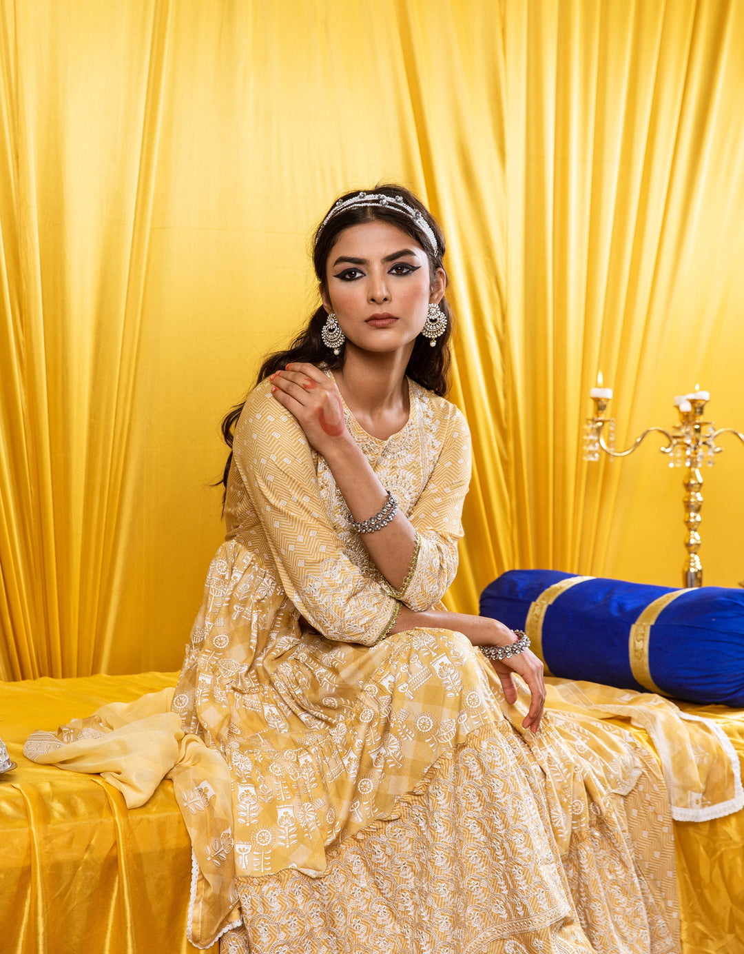 Lehza Women's Mustard Color Rayon Tiered Kurta With Dupatta Set