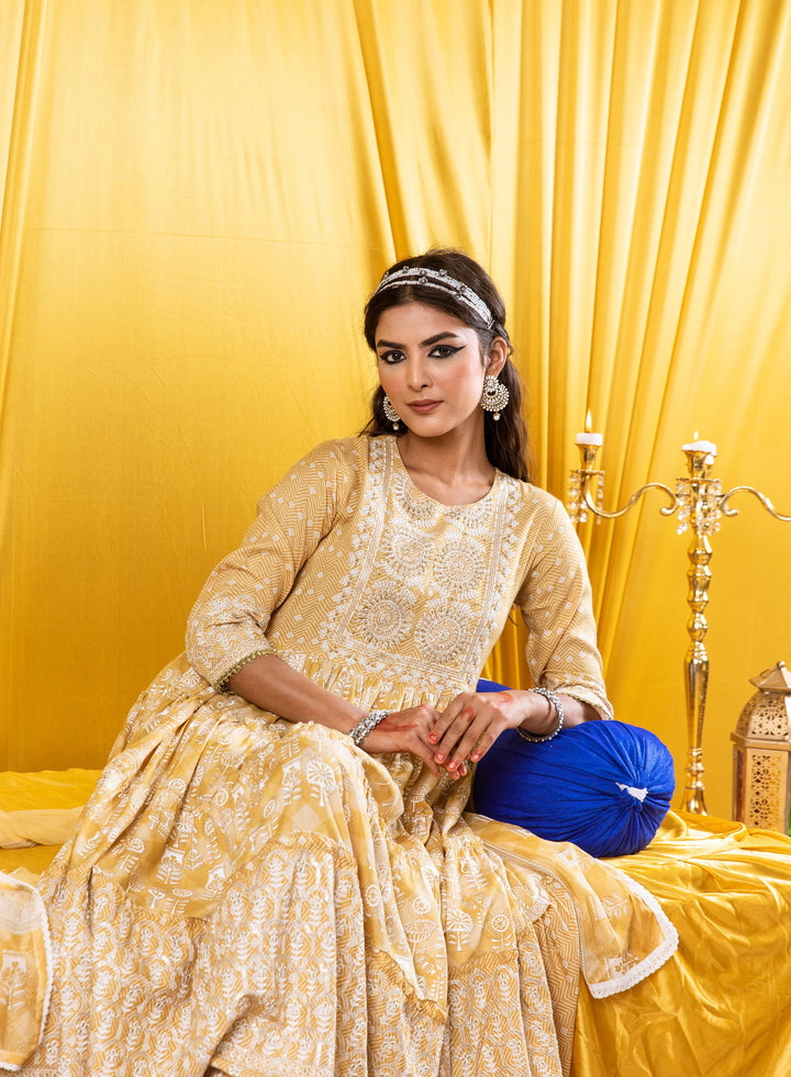 Lehza Women's Mustard Color Rayon Tiered Kurta With Dupatta Set