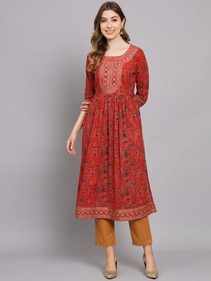 Women's Red Cotton Nyara Cut A-Line Kurta