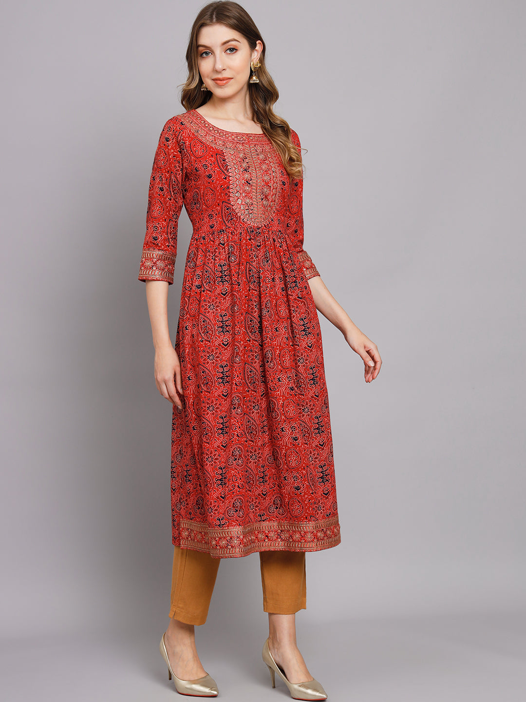 Women's Red Cotton Nyara Cut A-Line Kurta