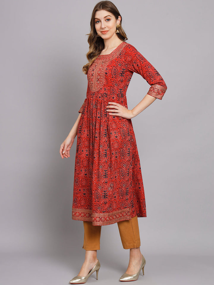 Women's Red Cotton Nyara Cut A-Line Kurta