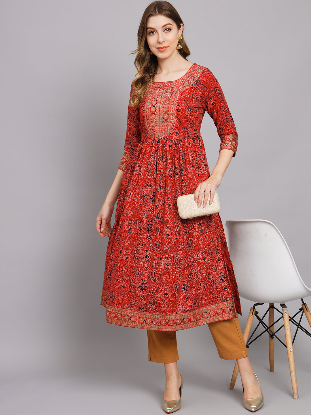 Women's Red Cotton Nyara Cut A-Line Kurta