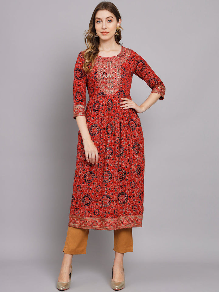 Women's Red Cotton Nyara Cut A-Line Kurta