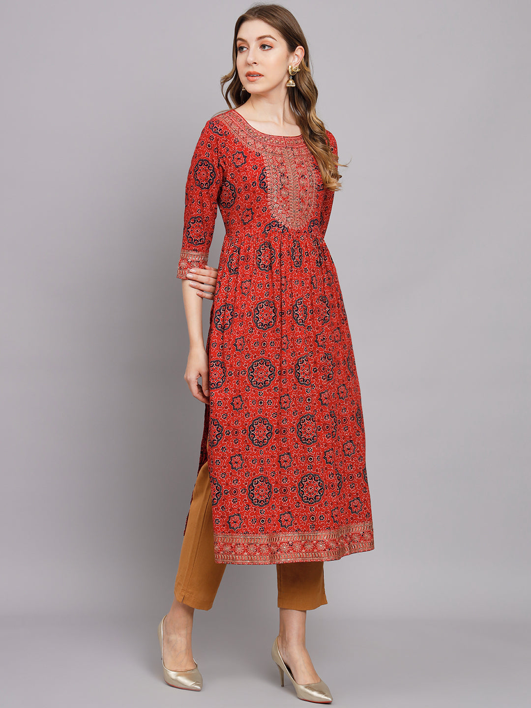 Women's Red Cotton Nyara Cut A-Line Kurta