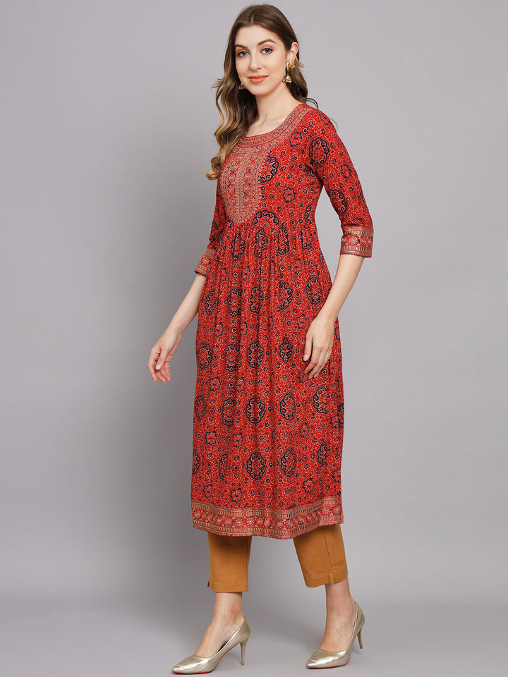 Women's Red Cotton Nyara Cut A-Line Kurta