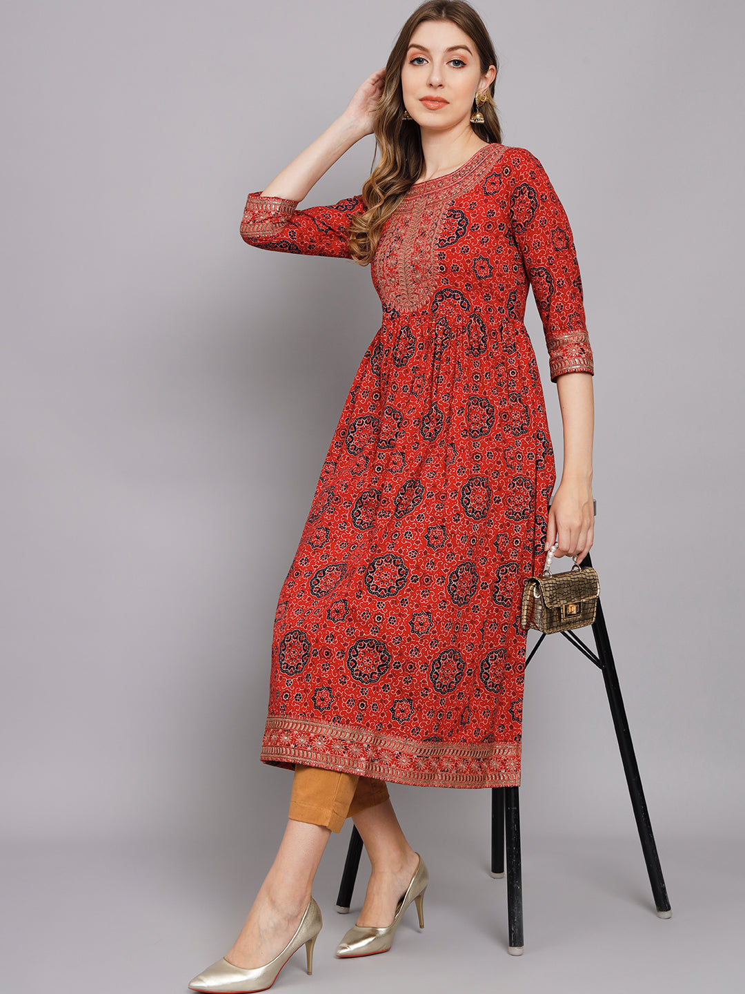 Women's Red Cotton Nyara Cut A-Line Kurta