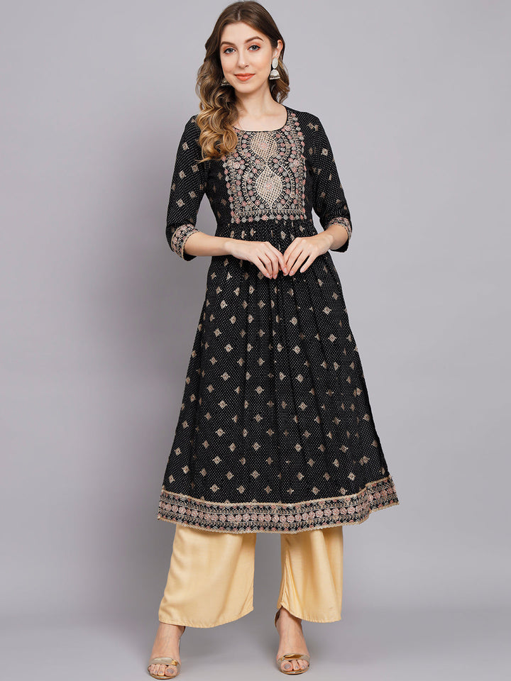 Women's Black Rayon A-Line Kurta