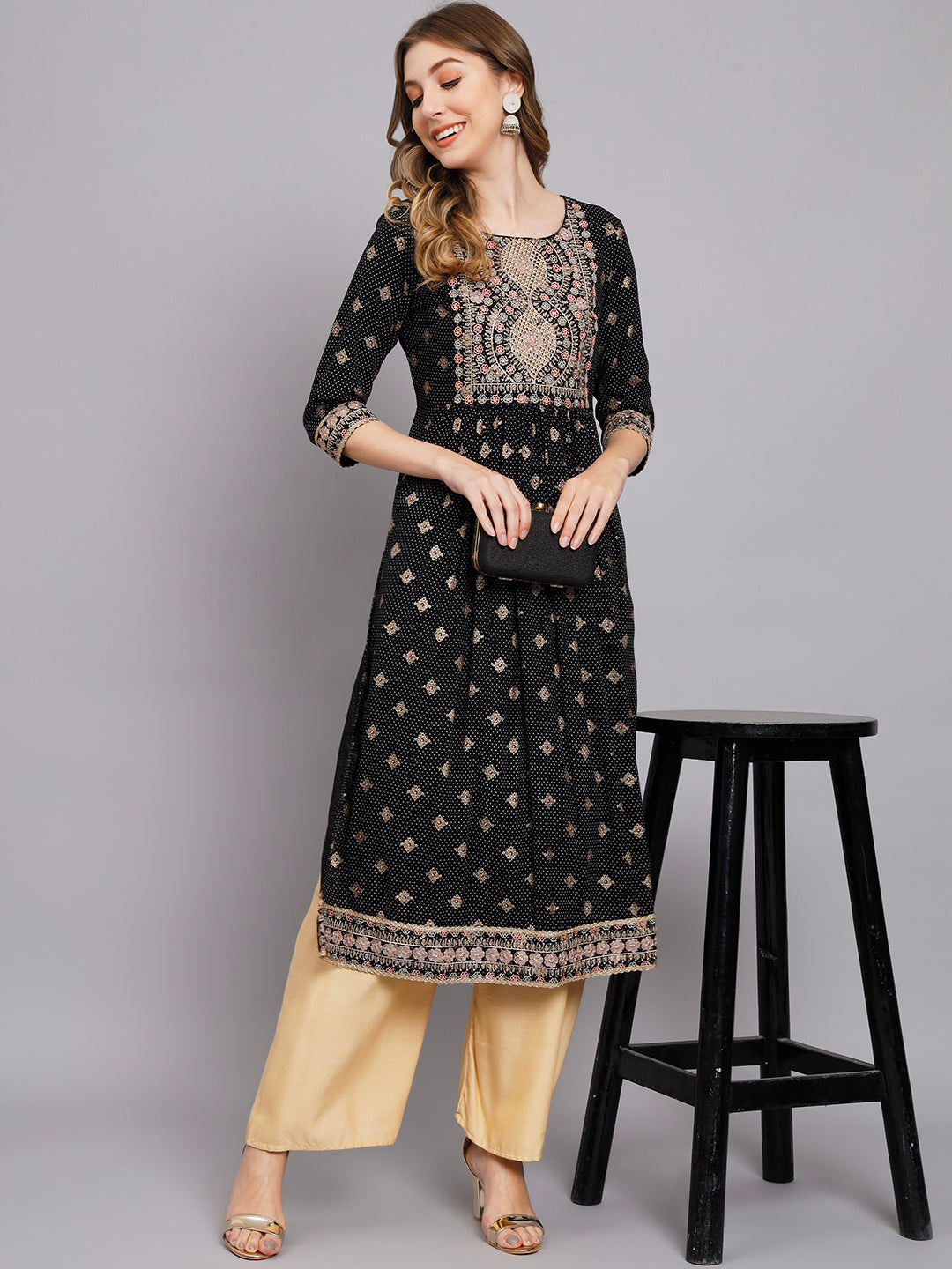 Women's Black Rayon A-Line Kurta