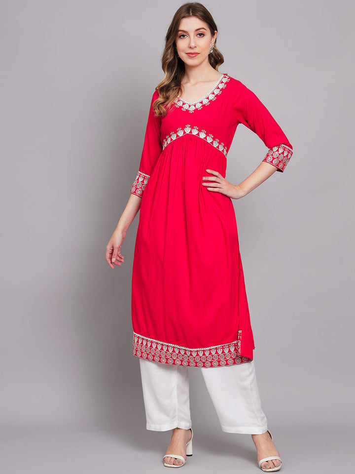 Women's Red Rayon A-Line Kurta