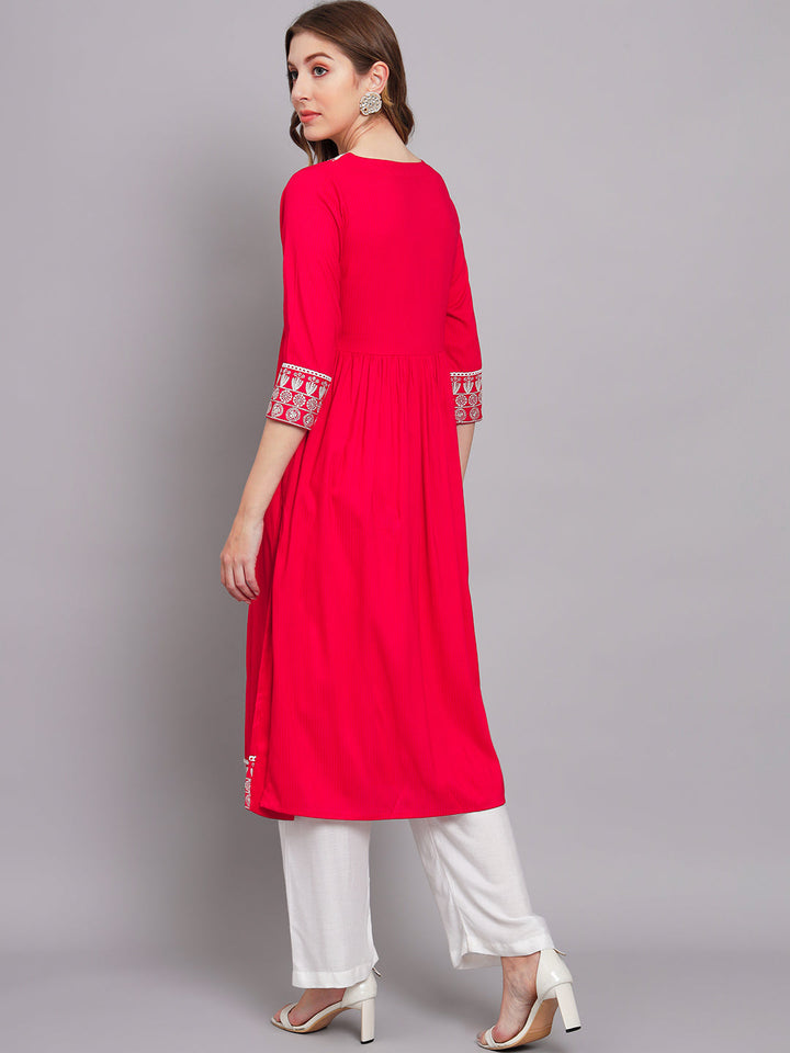 Women's Red Rayon A-Line Kurta