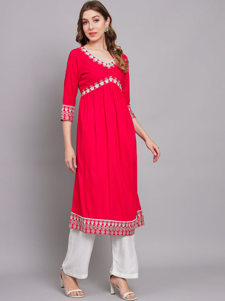Women's Red Rayon A-Line Kurta