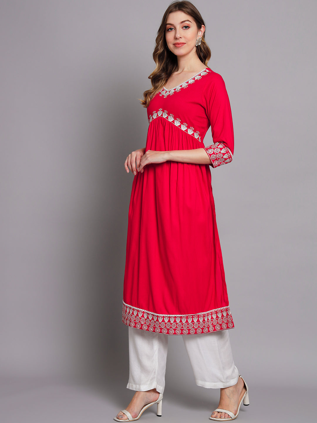 Women's Red Rayon A-Line Kurta