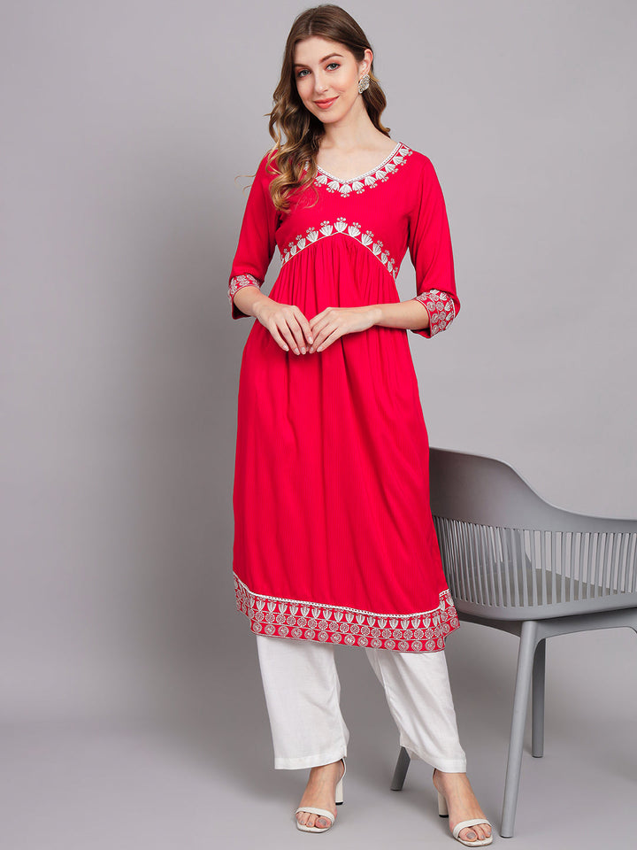 Women's Red Rayon A-Line Kurta