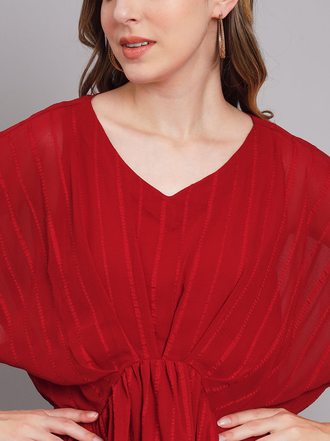 Women's Red Chiffon Gathered Kaftan Set