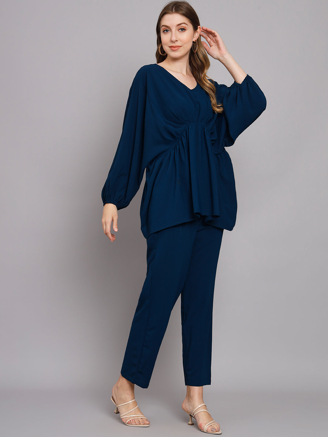 Women's Royal Blue Georgette Gathered Kaftan Set