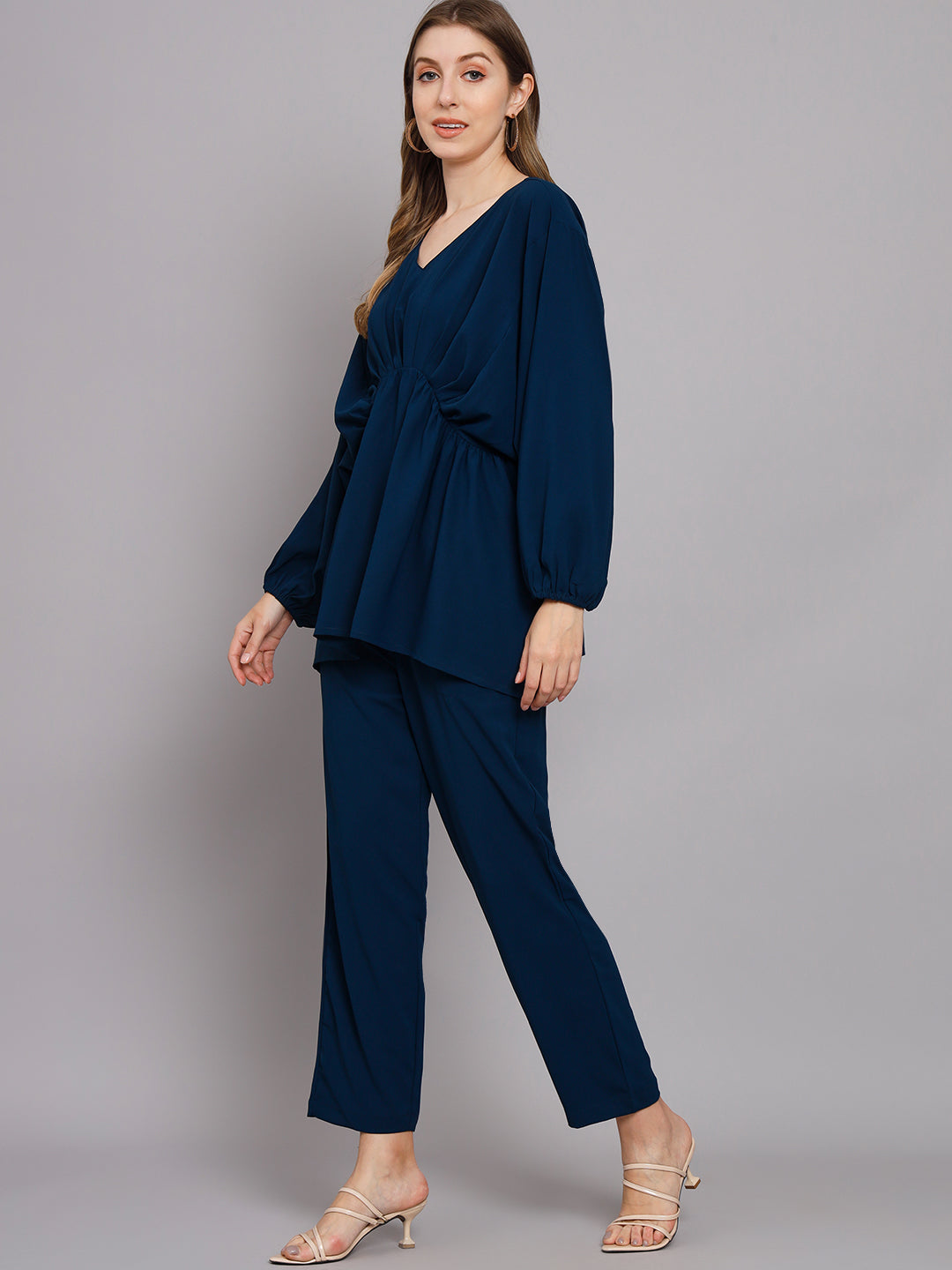 Women's Royal Blue Georgette Gathered Kaftan Set