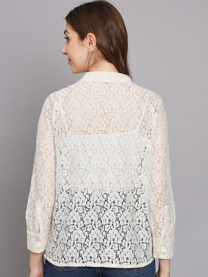 Women's Off White Net Straight Top