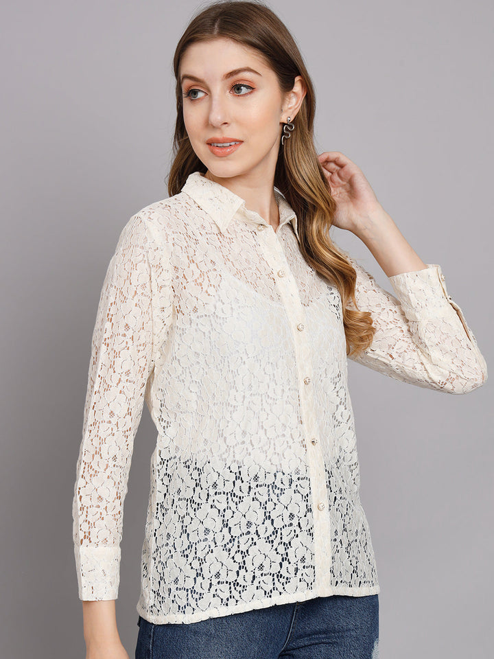 Women's Off White Net Straight Top