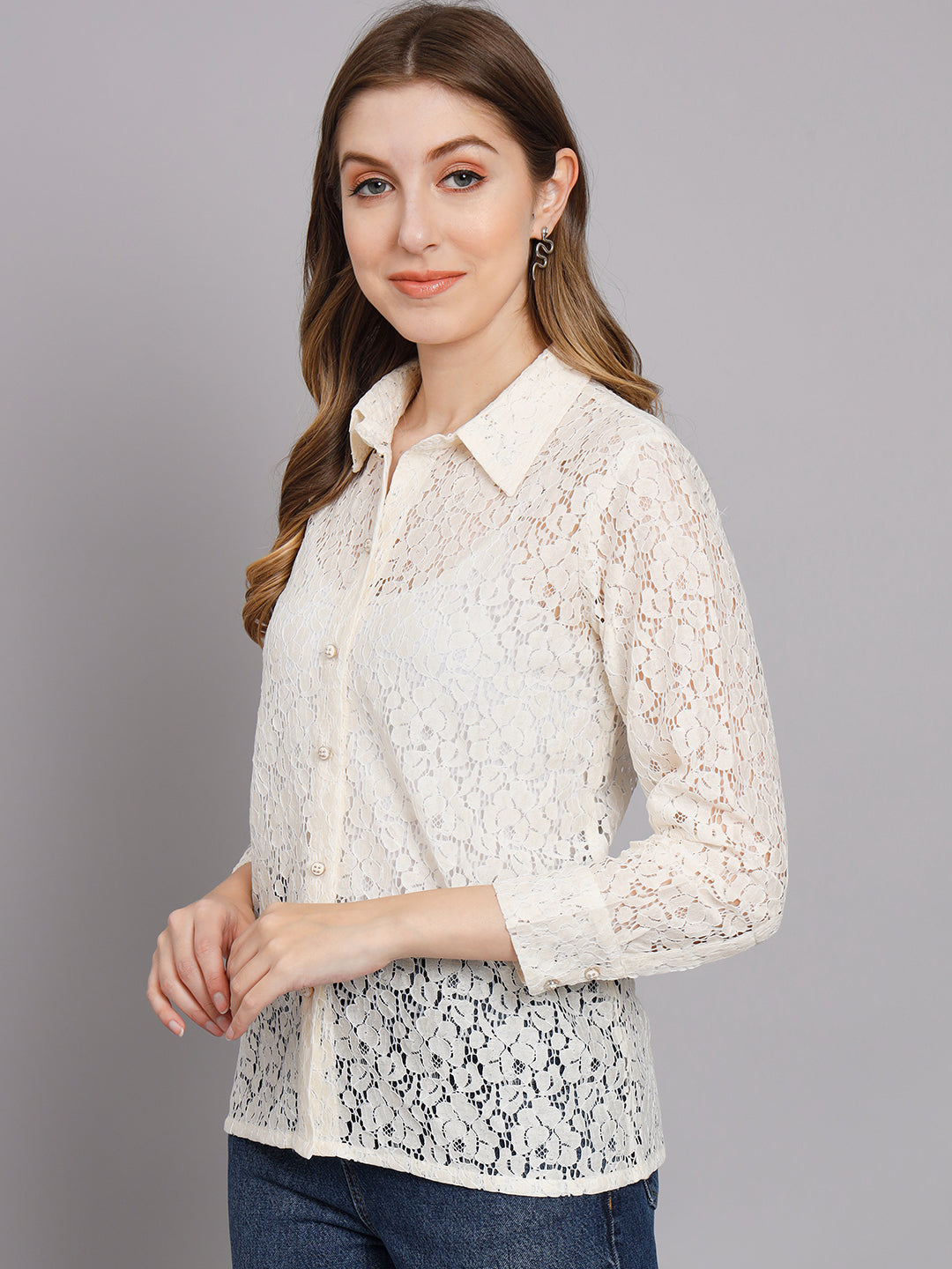 Women's Off White Net Straight Top