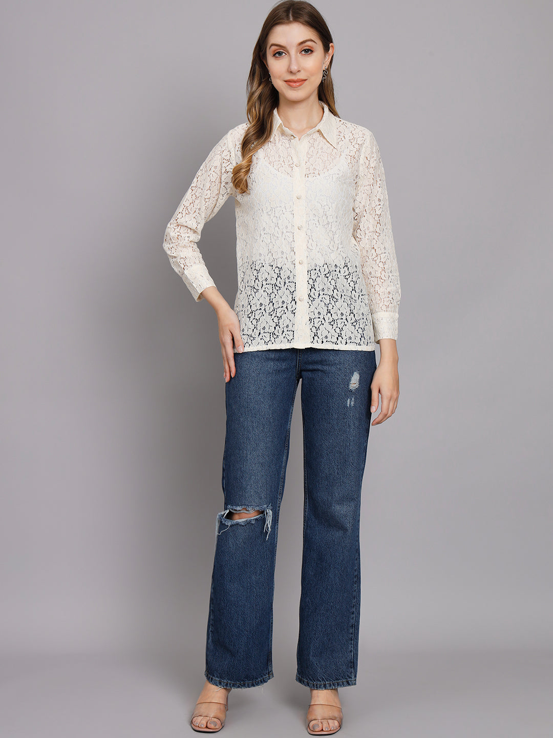 Women's Off White Net Straight Top