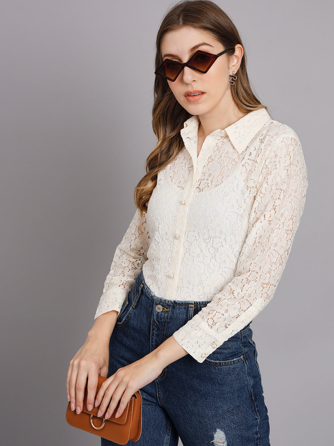 Women's Off White Net Straight Top