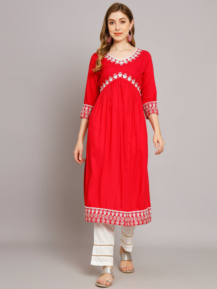 Women's Red Rayon A-Line Kurta Palazzo Set