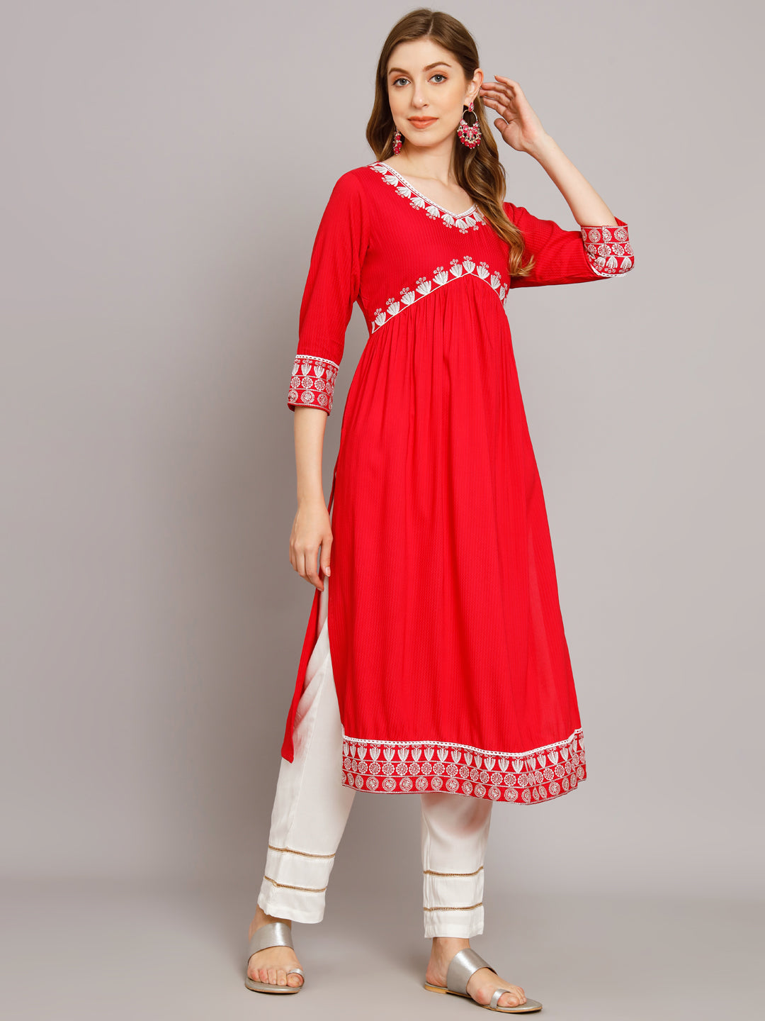Women's Red Rayon A-Line Kurta Palazzo Set