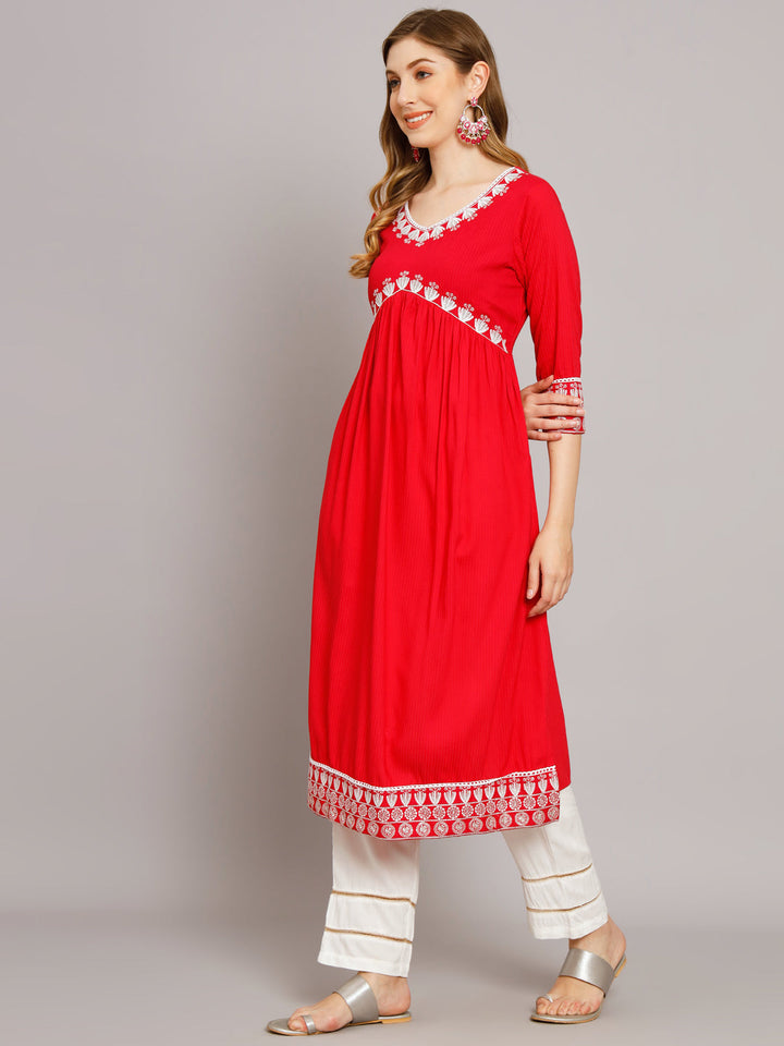 Women's Red Rayon A-Line Kurta Palazzo Set