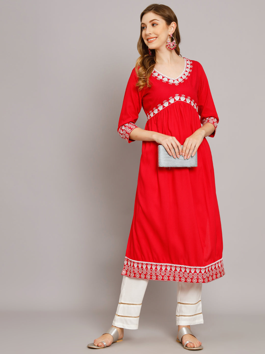 Women's Red Rayon A-Line Kurta Palazzo Set