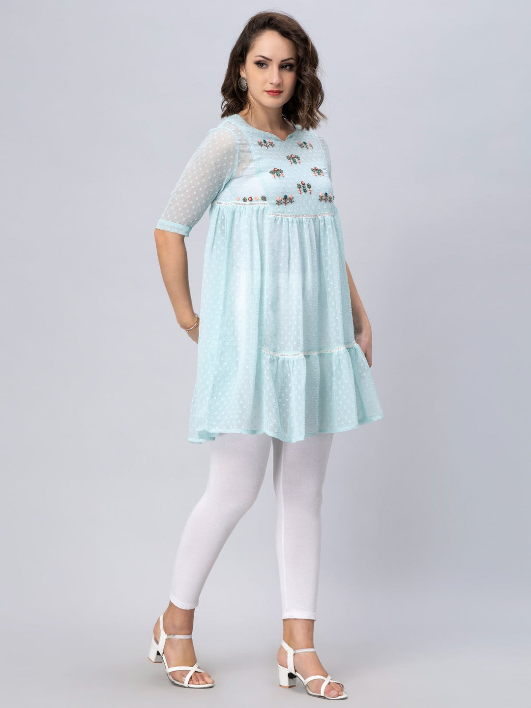 Women's Mint Blue Chiffon Gathered Top