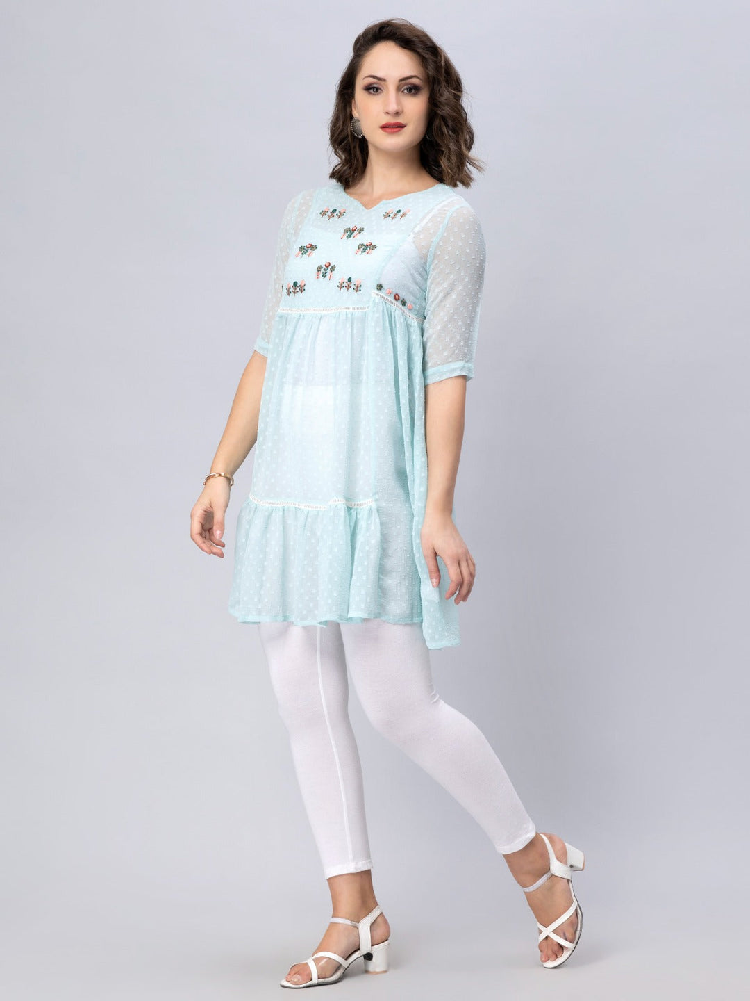 Women's Mint Blue Chiffon Gathered Top