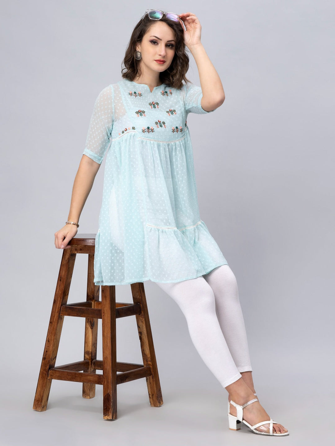 Women's Mint Blue Chiffon Gathered Top