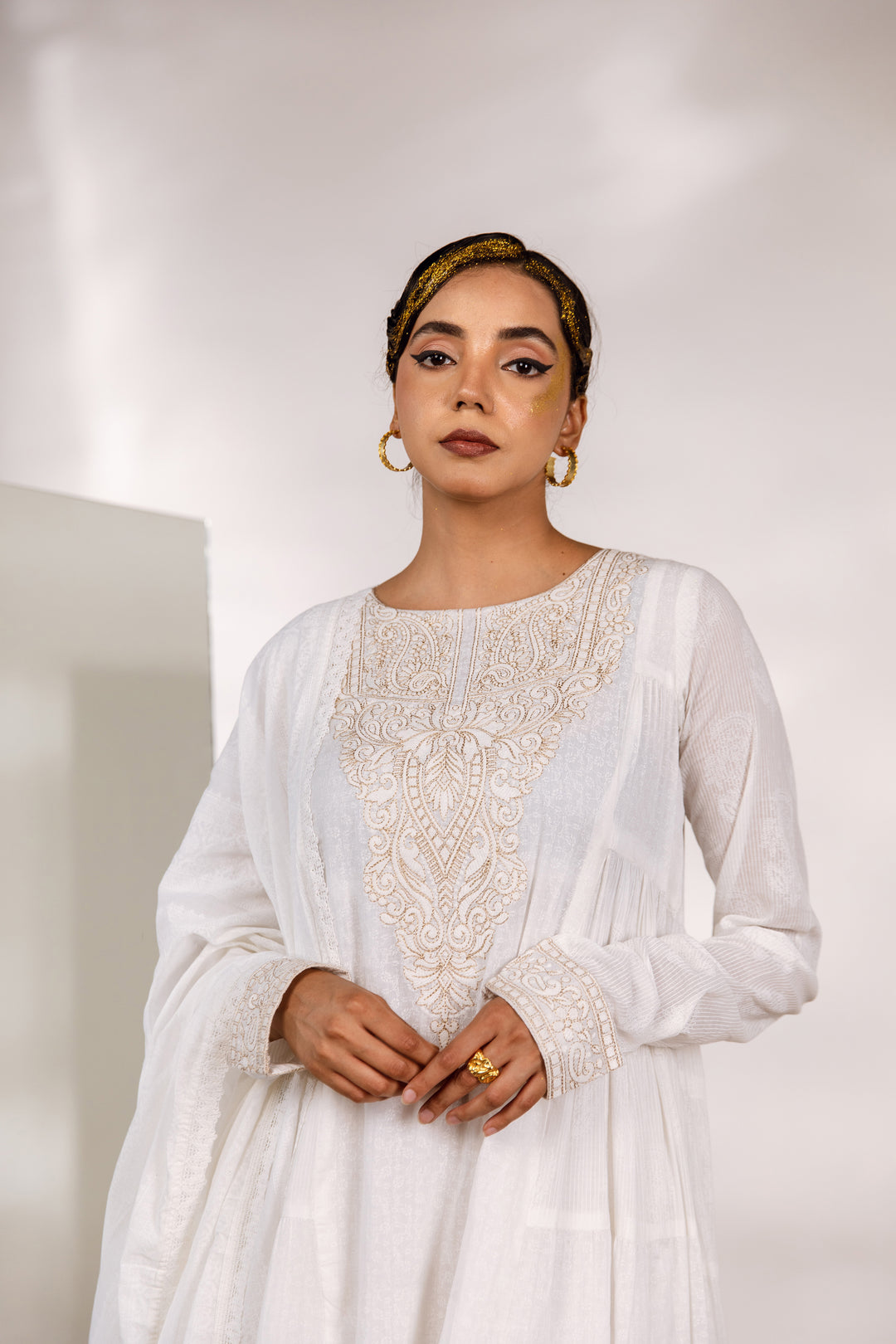 Women's Cotton White Kurta Palazzo & Dupatta Set