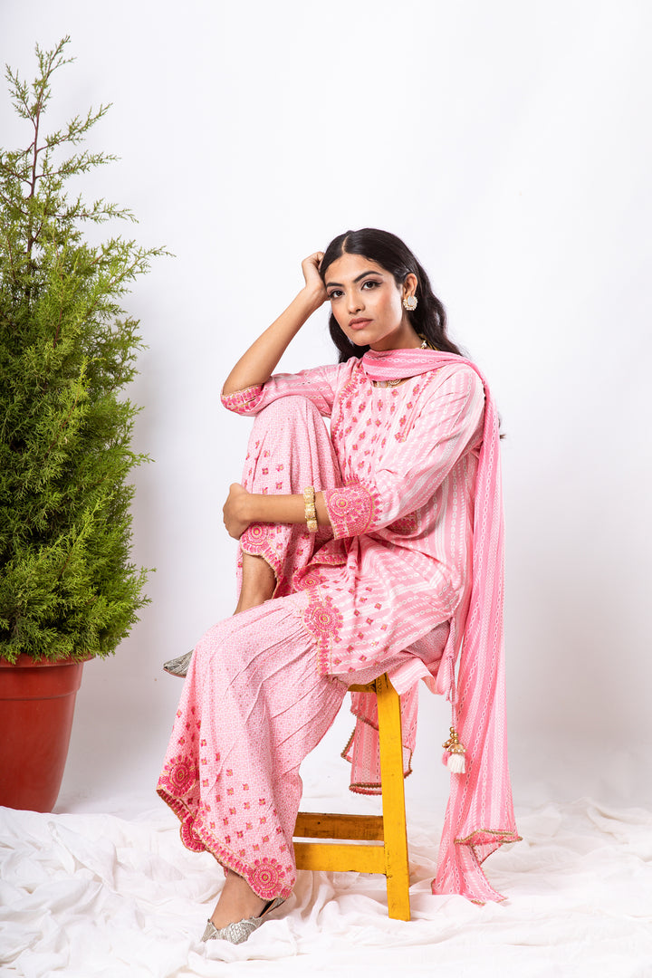Women's Rayon Pink Kurta Palazzo & Dupatta Set