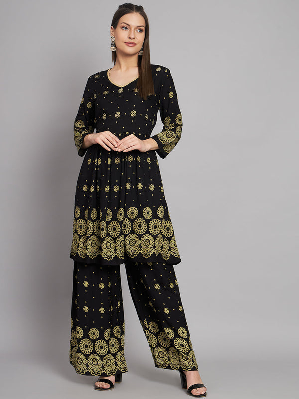 Women's Rayon Black A-Line Kurta and Palazzo