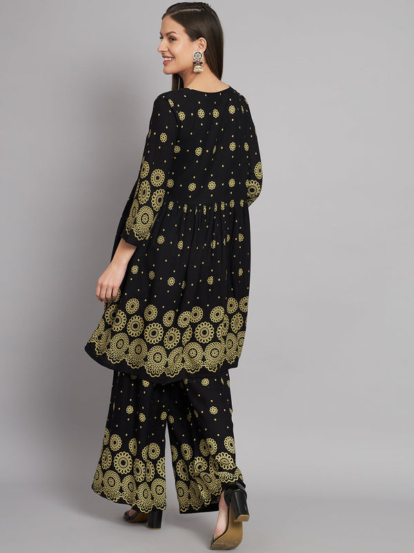 Women's Rayon Black A-Line Kurta and Palazzo